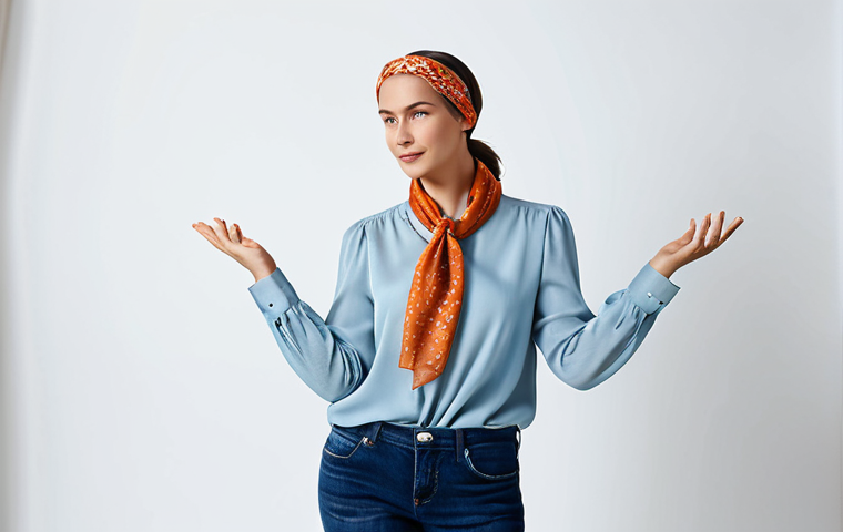 Scarf Styling**

"A woman with a stylish silk scarf tied as a headband, standing in a bright, airy studio, wearing a modest blouse and casual jeans, fully clothed, safe for work, appropriate content, family-friendly, perfect anatomy, natural pose, well-formed hands, proper finger count, high quality, professional fashion photography."

**
