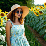 **

"A young woman, fully clothed in a light, flowing cotton dress with a pastel floral print, standing in a blooming summer garden filled with sunflowers and daisies. She is wearing stylish sunglasses and a wide-brimmed straw hat. The lighting is soft and golden. Perfect anatomy, correct proportions, well-formed hands, natural pose, appropriate attire, safe for work, family-friendly, professional photography, high quality."

**