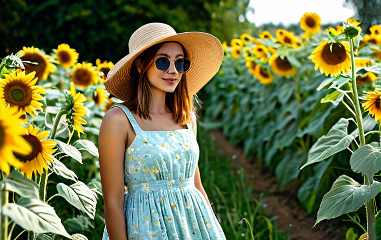 **

"A young woman, fully clothed in a light, flowing cotton dress with a pastel floral print, standing in a blooming summer garden filled with sunflowers and daisies. She is wearing stylish sunglasses and a wide-brimmed straw hat. The lighting is soft and golden. Perfect anatomy, correct proportions, well-formed hands, natural pose, appropriate attire, safe for work, family-friendly, professional photography, high quality."

**